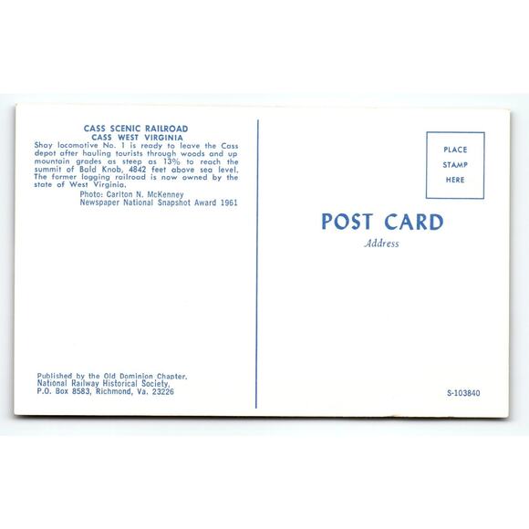 Vintage Cass Scenic Railroad Shay Locomotive Steam Train Postcard WV - Picture 2 of 2